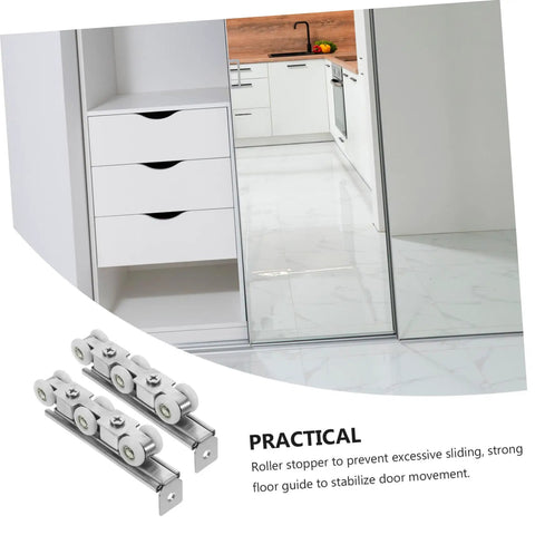 Top Tier Sliding Barn Door Track Roller System With Whisper Quiet Wheels For Kitchen Pantry Bathroom Or Master Bedroom Room Divider Easy Snap Install with roller stopper.