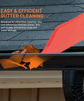 Deep Curved Gutter Scoop For Leaves And Debris, Ergonomic Handle Fights Clogs, High Impact Polypropylene Construction, Easy Cleanup And Quick Debris Dump, Fits Most Rain Gutters For Faster Water Flow shown in a roof gutter