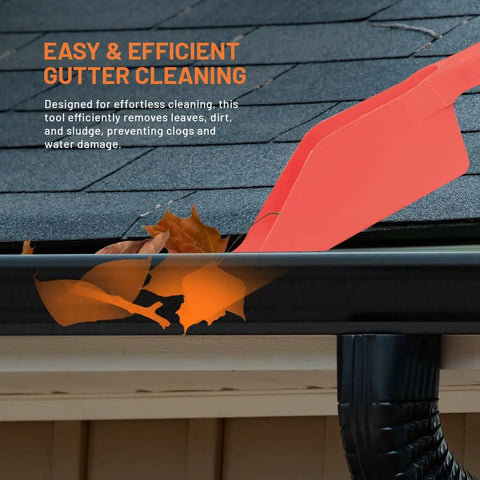 Deep Curved Gutter Scoop For Leaves And Debris, Ergonomic Handle Fights Clogs, High Impact Polypropylene Construction, Easy Cleanup And Quick Debris Dump, Fits Most Rain Gutters For Faster Water Flow shown in a roof gutter