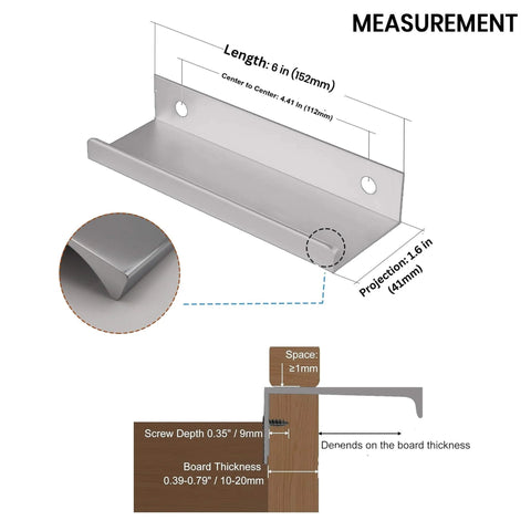 Diagram showing measurements and installation details of 6 Inch Tab Pulls For Cabinets 10 Pack Polished Chrome Finger Edge Drawer Handles With Screws Aluminum Modern Cabinet Hardware For Kitchen Bathroom And Furniture Sleek Easy Install And Durable Everyday Use.