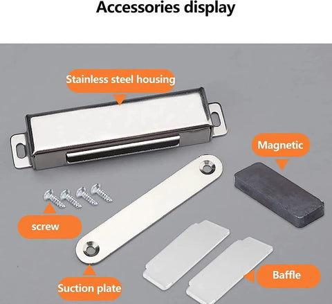Push To Open Magnetic Cabinet Latch Kit 2 Pack with stainless steel, screws, suction plate, and baffle