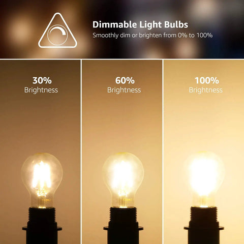 Brightness levels of vintage style dimmable LED filament bulbs 8W 800LM 60W equivalent, showing 30%, 60%, and 100% light intensity.