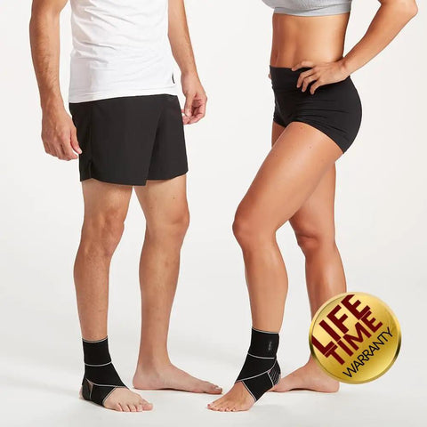 Two people wearing Ankle Brace For Men And Women Adjustable Compression Wrap For Plantar Fasciitis Tendinitis Sprains Swelling Relief