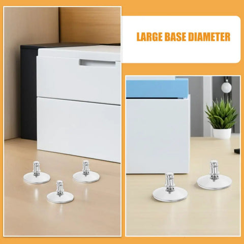 Heavy Duty Adjustable Furniture Levelers With 12 Piece Wobble Free Swivel Base For Tables Cabinets And Chairs Noise Reducing Plastic Metal Feet No Skid Tight Setup on a table.