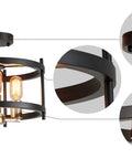 Farmhouse 3 Light Semi Flush Mount Ceiling Light Fixture in Matte Black and Gold Finish with Openwork Circle Frame