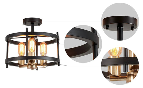 Farmhouse 3 Light Semi Flush Mount Ceiling Light Fixture in Matte Black and Gold Finish with Openwork Circle Frame