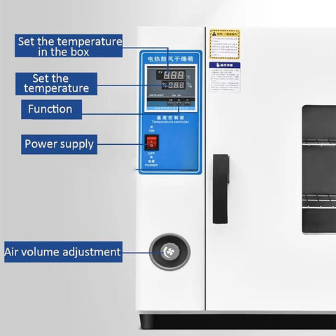 Heavy Duty Electric Heating Blast Drying Oven With Digital Temp Control control panel showing temperature and settings.