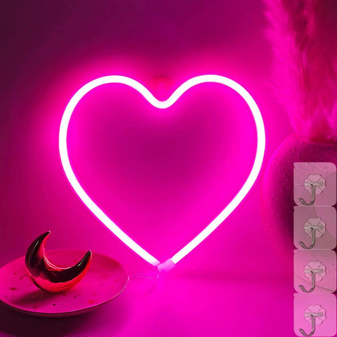 Pink Neon Heart LED Light For Bedroom Or Living Room USB Or Battery Operated Mood Lamp With Four Hooks For Easy Wall