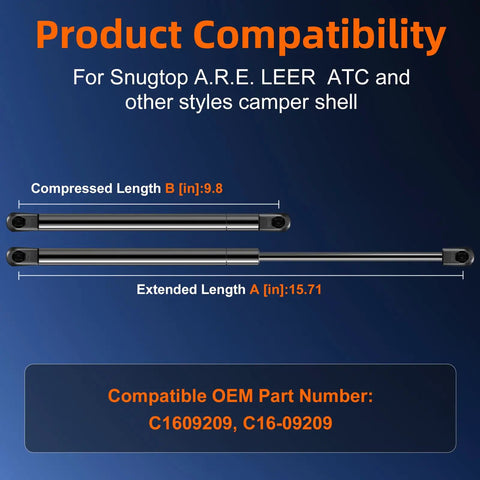 Set Of 2 16 Inch Gas Shock Strut Lift Support For LEER ARE Snugtop Truck Camper Shell with lengths labeled 9.8in and 15.71in