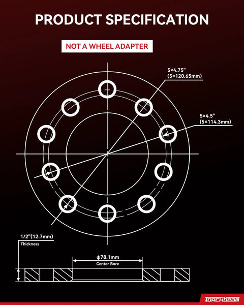 Product specification diagram for Lug Centric Wheel Spacers 0.5 Inch Thick Boost Offset For Chevy GMC Toyota Honda Ford Trucks Suv.