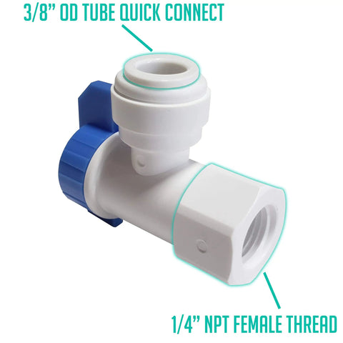 Tank Ball Valve With Gasket For Water Purification And Reverse Osmosis Systems, Quick Connect 3/8 Inch OD To 1/4 Inch Female NPT fitting close-up