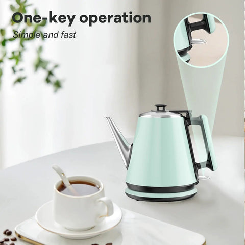 Mint green 0.9L Electric Kettle With 304 Stainless Steel Interior, 1000W Fast Boil In 4 To 6 Minutes, on white table