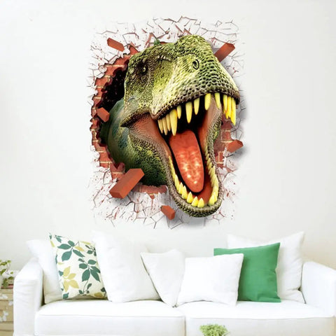 3D T-Rex Dinosaur Wall Sticker bursting through cracked wall, above a white couch with green cushions in a living room.