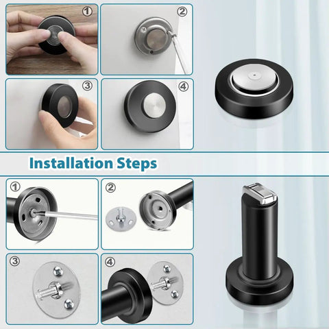 Installation of Magnetic Door Stop 2 Pack Heavy Duty Stainless Steel Door Catch and Holder Wall or Floor Mount Black.