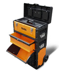 Three Tier Stackable Tool Box Set On Wheels With Extendable Handle Portable Rolling Hand Case Cart Durable Orange Storage Organizer