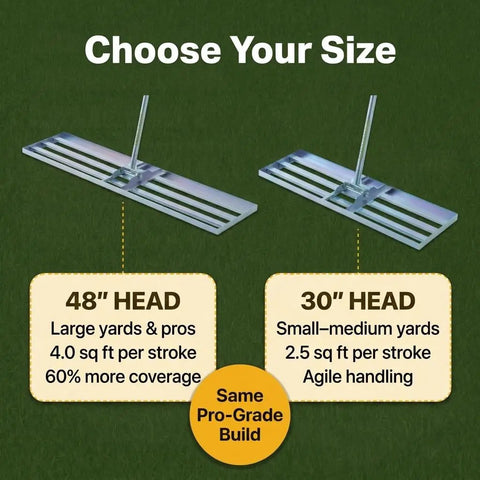 Diagram showing 48-inch and 30-inch Lawn Leveling Rake 30 Inch By 10 Inch Heavy Duty Carbon Steel Ground Leveler Tool options.