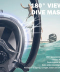 Close-up of a black 180° view dive mask on water with a person diving off a boat, showcasing the Compact Half Liter Scuba Diving Tank With Sub Mask Portable Lungs Kit For Family Fun And Easy Grab And Go Setup Underwater Breathing System For Weekend Trips And Party Adventures Black