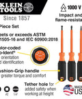 Klein Tools Insulated Screwdriver Set with 1000V rating, 3 piece set showing color-coded tips and cushioned grip handles, Made in USA