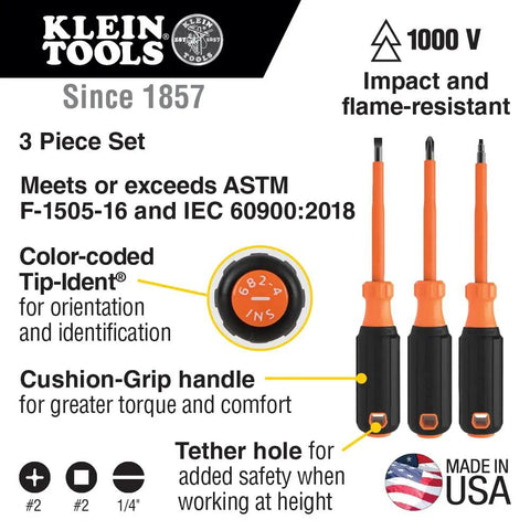 Klein Tools Insulated Screwdriver Set with 1000V rating, 3 piece set showing color-coded tips and cushioned grip handles, Made in USA