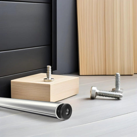 Round Plastic Tube End Caps For Furniture Legs 20 Pcs, Flexible PE And Metal Plugs, secure lock, displayed with wooden board