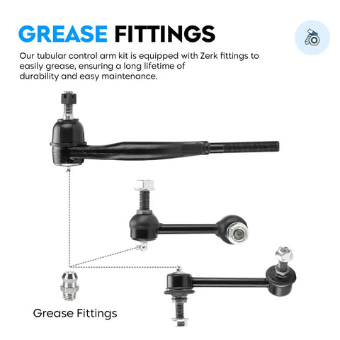 Heavy Duty Front Upper Control Arm Suspension Kit With Ball Joint, Tie Rod End And Sway Bar Link For Buick Rainier, Chevy SSR, Trailblazer, Trailblazer EXT, GMC Envoy, Envoy XL, Envoy XUV, Isuzu Ascender, Oldsmobile Bravada Left And Right. Black grease fitting details