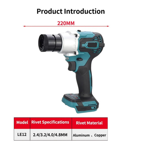 Brushless Riveting Gun Electric Rivet Nut Tool Kit with Automatic Riveter Heads M6 M8 M10 set, model LE12, 220mm tool view.