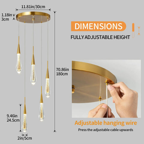 Dimensions of Lit Gold Teardrop Crystal Pendant Lights With Dimmable LED Ceiling Fixture, showing adjustable height feature