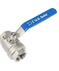 3/4-inch U.S. Solid 316 stainless steel ball valve with blue lever handle and female NPT ends, angled view