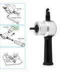 Diagram and image of Double Head Sheet Metal Nibbler Cutter Drill Attachment For Straight And Curved Cuts with ergonomic handle