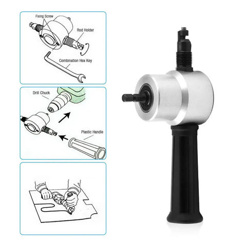 Diagram and image of Double Head Sheet Metal Nibbler Cutter Drill Attachment For Straight And Curved Cuts with ergonomic handle