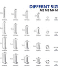 Hex Socket Screw and Nut Kit, 880-piece Stainless Steel Set with Round Cap Head Bolts and Nuts, M2 to M5 Sizes, Grab-and-Go DIY Metalworking Kit for Fast, Durable Fixes. Size chart of M2 to M5 screws, nuts, and washers