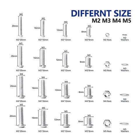 Hex Socket Screw and Nut Kit, 880-piece Stainless Steel Set with Round Cap Head Bolts and Nuts, M2 to M5 Sizes, Grab-and-Go DIY Metalworking Kit for Fast, Durable Fixes. Size chart of M2 to M5 screws, nuts, and washers