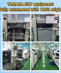 Yamaha SMT equipment in factory setting, automated machines for electronic assembly, green floor and industrial environment