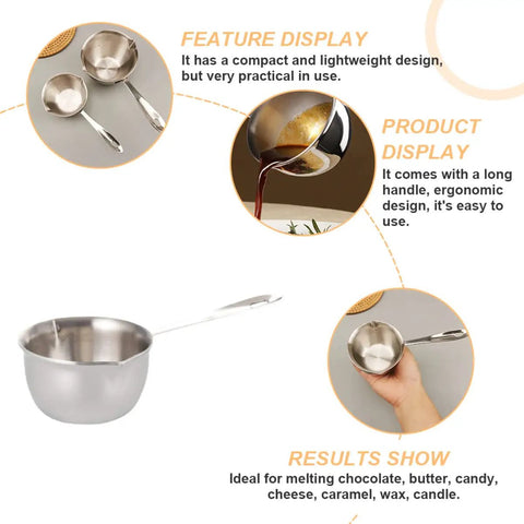 Slick Melting Pot With Pour Spout For Hot Coffee Chocolate And Soups Fire Kitchen Warmer Bowl with a long handle for easy use.