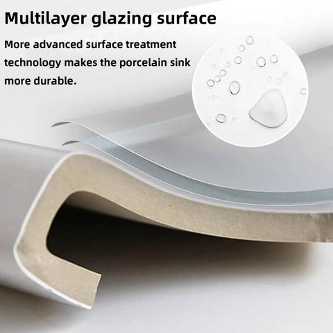 Cross-section of multilayer glazing surface on compact white porcelain undermount bathroom sink for small bathrooms and RVs.