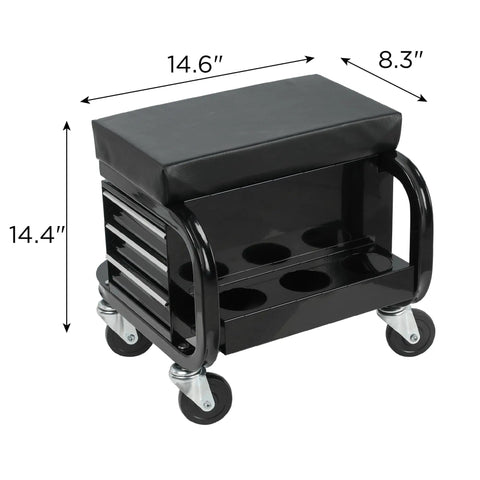 Heavy Duty Rolling Tool Box With Three Built In Drawers Paired With Comfy Mechanic Stool Rock Solid Steel Frame Slick Ball Bearing Rollers