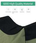 Close-up of Army Green Front And Rear Rest Bags With Unfilled Sandbags highlighting 600D material and durability icons.