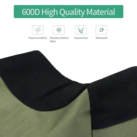 Close-up of Army Green Front And Rear Rest Bags With Unfilled Sandbags highlighting 600D material and durability icons.