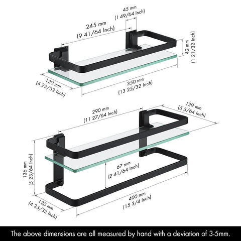 Dimensions of Tempered Glass Floating Bathroom Shelf With Bar, Rectangular Wall Mounted Aluminum Rustproof Black Finish