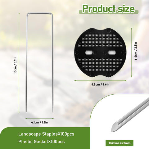 200 Piece Garden Staples Kit Including 100 6 Inch U Shaped Landscape Staples And 100 Fixing Gaskets product size details