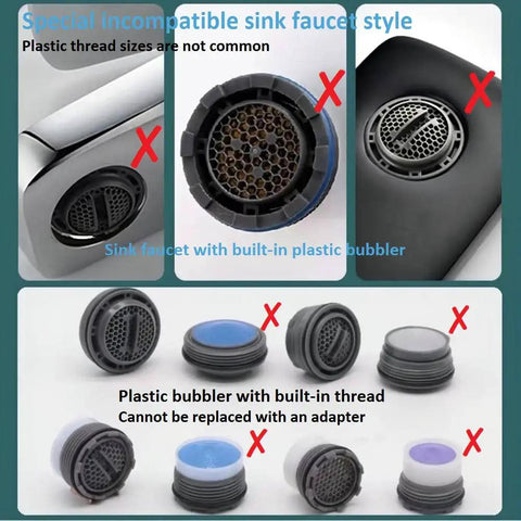 Incompatible sink faucet styles for Handheld Shower Sprayer For Sink With Shampoo Attachment, showing plastic thread issues.