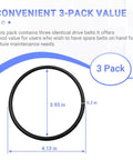 A-R1 Drive Belt Replacement For Rotary Rock Tumbler 3-pack size details showing 3.93 in and 4.13 in dimensions