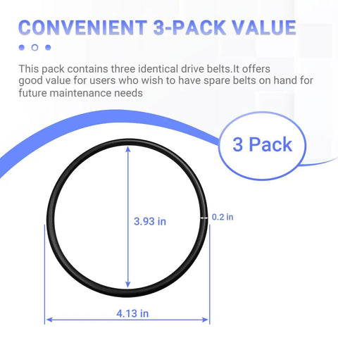 A-R1 Drive Belt Replacement For Rotary Rock Tumbler 3-pack size details showing 3.93 in and 4.13 in dimensions