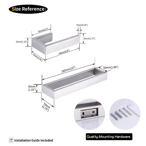 Contemporary Stainless Steel Wall Mounted Two Piece Bathroom Hardware Set With Brushed Finish dimensions and mounting hardware.