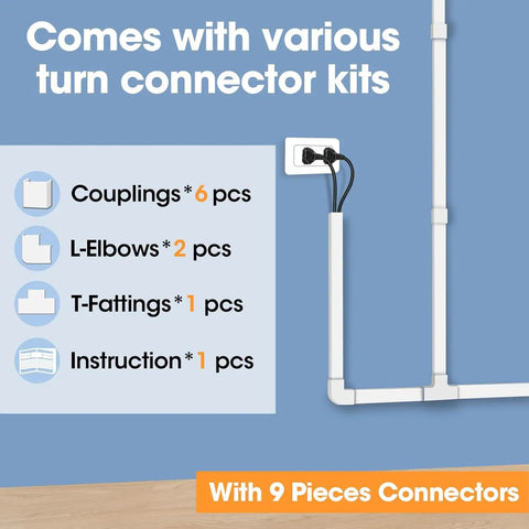 116 Inch Cord Hider Kit For Wall Wires And TV Cables Paintable Cable Raceway With 0.96 Inch Width And 0.57 Inch Height Includes Couplings And Elbows For Easy No Mess Wire Concealment White showing connectors and fittings
