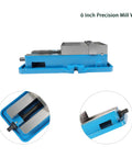 No Nonsense Six Inch Mill Vise Without Base Featuring Rock Solid Cast Iron Construction And Grip Tight Steel Jaws Ready To Roll For Precision Cnc Jobs And Shop Tasks side view showing blue cast iron body and steel jaws