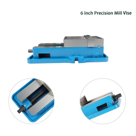 No Nonsense Six Inch Mill Vise Without Base Featuring Rock Solid Cast Iron Construction And Grip Tight Steel Jaws Ready To Roll For Precision Cnc Jobs And Shop Tasks side view showing blue cast iron body and steel jaws