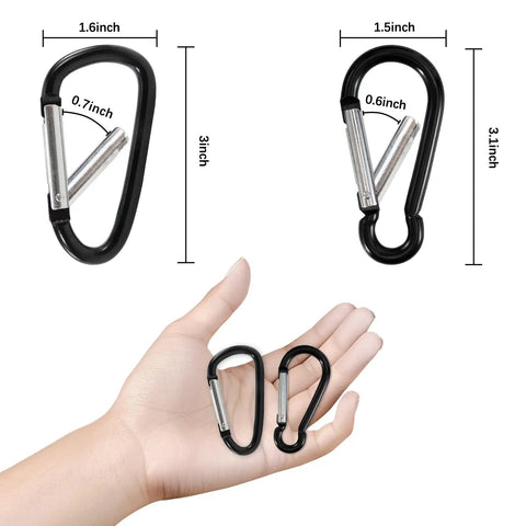 3 Inch Black Aluminum Carabiner Clips 10 Pack Dual Style D Ring And Snap Hook Keychain Carabiners shown in hand with measurements