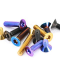 Top Shelf Titanium Countersunk Screws Slick Blue Purple Flat Head Bolts Heavy Duty Aviation Grade Ti 6Al 4V Precision Fasteners M4 M5 M6 M8 Four Pack, colorful assortment of bolts.