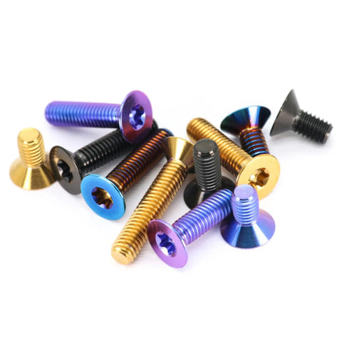 Top Shelf Titanium Countersunk Screws Slick Blue Purple Flat Head Bolts Heavy Duty Aviation Grade Ti 6Al 4V Precision Fasteners M4 M5 M6 M8 Four Pack, colorful assortment of bolts.